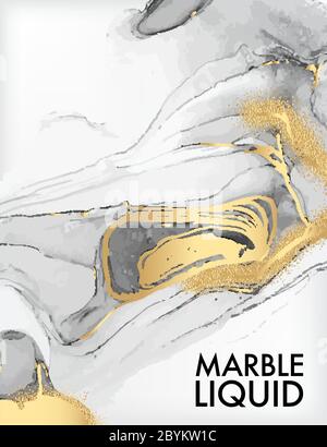 Alcohol ink grey swirl design with golden luxury design. Watercolor fluid art, marble clouds, artisitic painting. Vector. Stock Vector