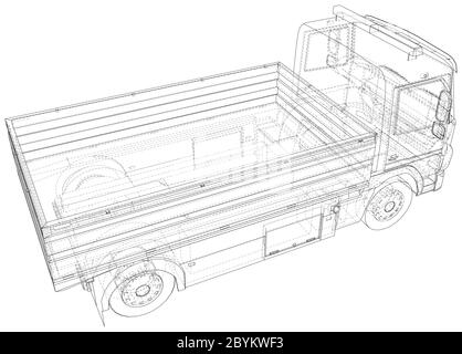 Flatbed truck vector illustration. Wire-frame line isolated. Vector rendering of 3d. Stock Vector