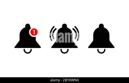 Notification icon template in black or bell ring, alarm. Smartphone social media interface symbol for mobile app ui flat simple icon on isolated white Stock Vector