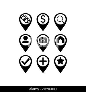 Map pointer icon set: pharmacy, store, currency exchange or geo pin, location in black or geolocation, gps, on isolated white background. EPS 10 Stock Vector