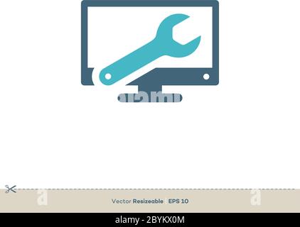Screen Vector Logo. Monitor Display and Wrench Icon Template Illustration Design. Vector EPS 10. Stock Vector