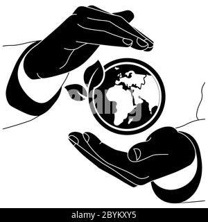 Concept of saving the earth, nature, ecology or hands holding the world with a sprout icon flat logo in black color on isolated white background. EPS Stock Vector