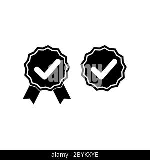Check marks or top service, guarantee, warranty, approved icon in black or tick, cross checkmarks. Certified product flat on isolated white background Stock Vector
