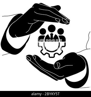 Icon logo of hands holding teamwork management in black color or business team, partnership on an isolated white background. Employees of the Stock Vector