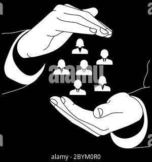 Icon logo of two hands holding employees of the organization, company or teamwork management in white color or business team, partnership on an Stock Vector