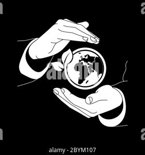 Concept of saving the earth, nature, ecology or hands holding the world with a sprout icon flat logo in white color on isolated black background. EPS Stock Vector