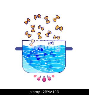 Farfalle in pan cooking in boiling water. Stock Vector