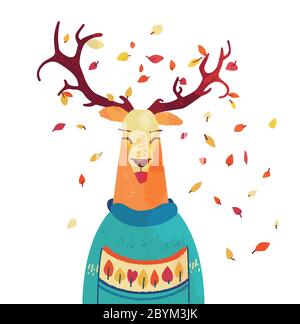 Cute autumn raindeer in sweater. Cartoon fall character Stock Vector