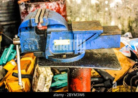 equipment tools repair machine parts in garage Stock Photo