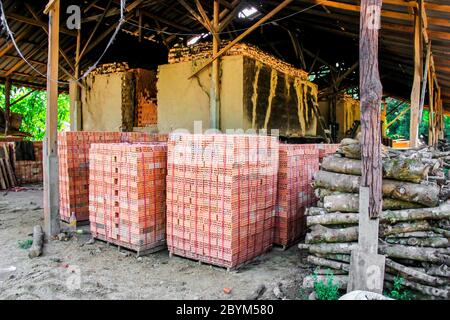 brick kiln. collection set of red bricks stack in oven factory before logistic transportation Stock Photo
