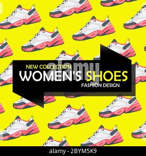 Banner or signboard shoes or background with sneakers. Shop women's shoes. New collection or trendy design. Flat in bright colors on an isolated Stock Vector