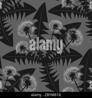 Monochrome floral seamless pattern with dandelion flowers and leaves on gray background. Stock vector Stock Vector