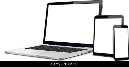 Set of modern digital devices template for responsive design presentation. Mockup consist of laptop, smartphone and tablet pc. Stock Vector
