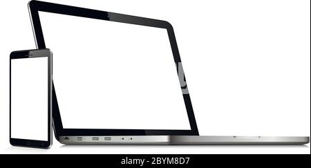 Laptop and phone mock up. Vector illustration for responsive web design. Stock Vector