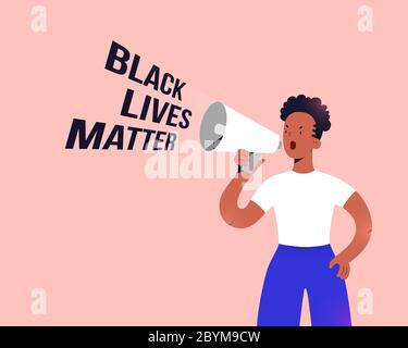 Black lives matter protester, young african american women standing with megaphone speaker and shouting slogan, fighting for human rights and equality Stock Vector