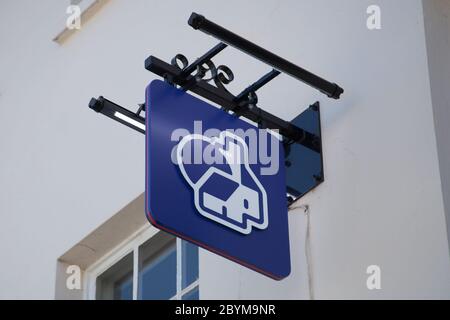 The Nationwide Building Society sign hanging above a branch in the UK Stock Photo