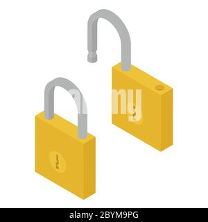 Locked and unlocked padlock isolated on white background isometric view. Lock vector icons Stock Vector