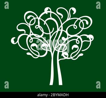 White Spring decorative Tree of Life on green background. Silhouette shape with Leaves. Vector outline Illustration. Plant in Garden. Royalty free. Stock Vector