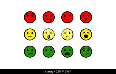 Emotion feedback scale. Smile, emoji or faces with emotions of joy, neutral and sadness of satisfaction. Set of emoticon icons. Illustrations of Stock Vector