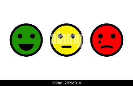 Emotion feedback scale. Smile, emoji or faces with emotions of joy, neutral and sadness of satisfaction. Set of emoticon icons. Illustrations of Stock Vector