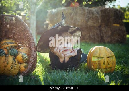 Halloween. Funny kids in carnival costumes. Little child enjoy walk. Childhood without Internet Stock Photo