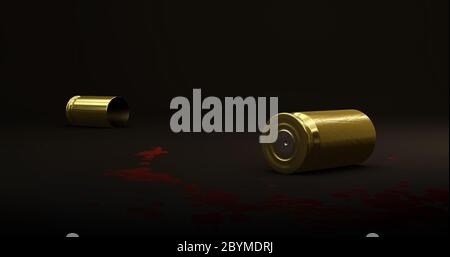 Two cartridge cases of a small firearm lying at the crime scene next to bloodstains - 3d illustration Stock Photo