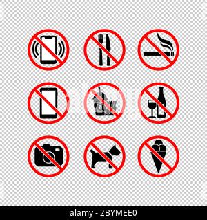 No cell phone, camera, ice cream, stop smoking, eating, no dogs, no drinking alcohol, fast food icon set in black and red. Forbidden symbol simple on Stock Vector