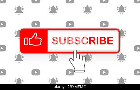 Red subscribe button with mouse pointer and notification bell and media player icon flat in modern colour design concept on isolated white background Stock Vector