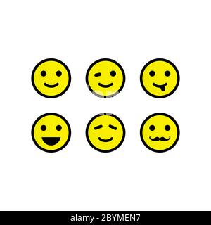 Smile, emoji or faces with emotions of joy, satisfaction. Set of emoticon icons. Illustrations of facial expressions in yellow isolated on white Stock Vector