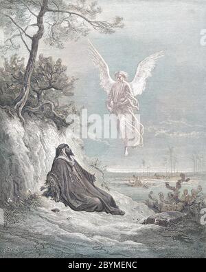 Machine Colourized (AI) Elijah Nourished by an Angel 1 Kings 19:5-6 From the book 'Bible Gallery' Illustrated by Gustave Dore with Memoir of Dore and Descriptive Letter-press by Talbot W. Chambers D.D. Published by Cassell & Company Limited in London and simultaneously by Mame in Tours, France in 1866 Stock Photo