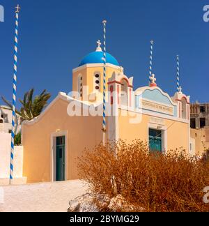 A beautiful and colourful church in the town of Oia on the Greek island of Santorini on the Aegean sea.
