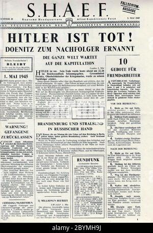 04.05.2020, Berlin, , Germany - Reproduction: Title page of the German parachute issue of SHAEF of 02.05.1945. 00S200504D455CAROEX.JPG [MODEL RELEASE: Stock Photo