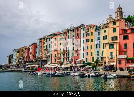 View of the port, the waterfront and the village. Porto Venere  is a picturesque place on the Ligurian coast, in the province of La Spezia. Stock Photo