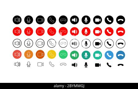 Set of communication icons button. Phone, sound, microphone, camera, call symbols on isolated white background for applications, web, app. EPS 10 Stock Vector