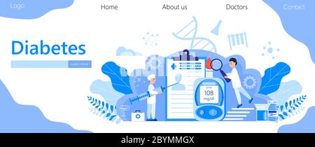 Diabetes mellitus, type 2 diabetes and insulin production concept vector. Landing page with magnifier and blood glucose testing meter, tiny doctors Stock Vector