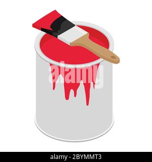 Metal paint can with red paint and paintbrush with wooden handle vector illustration Stock Vector