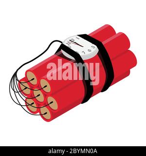 Realistic Detailed Isometric Red Detonate Dynamite Bomb Sticks and Timer Clock Isolated on White Background. Vector illustration Stock Vector