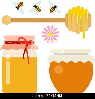 Honey set of cans of honey, spoon and bees vector flat isolated Stock Vector