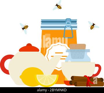 Tea maker, honey pot with lid on lock, lemon, cinnamon, glass jar with cork and flying bees flat isolated Stock Vector