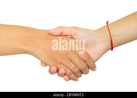 two persons shaking hands on white background Stock Photo