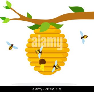 Honey hive with bees hanging on a branch flat isolated Stock Vector