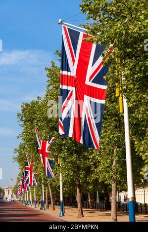 Union Jack flags lining the Mall towards Buckingham Palace for state occasion, London, UK Stock Photo