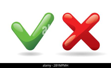 Test check mark buttons icon. Tick and cross vote symbol. Green - yes, red - no. Template design for web or mobile app, Vector. Stock Vector