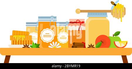 Glass honey jars, honey spoon, honeycombs on a plate, apples, cinnamon and anise on a wooden tray flat isolated Stock Vector