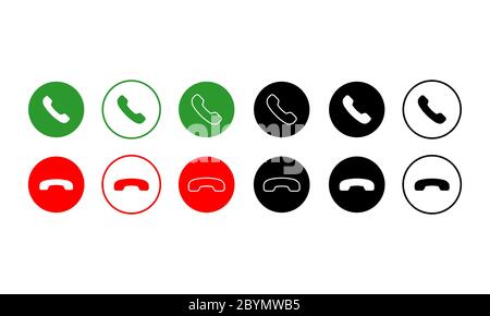 Accept and decline call or red, green, black and white buttons yes no with handset silhouettes icon. Call answer on isolated white background. EPS 10 Stock Vector