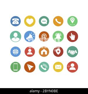 Set of communication icons flat. Phone, mobile phone, retro phone, location, mail and web site symbols on isolated background for applications, web Stock Vector