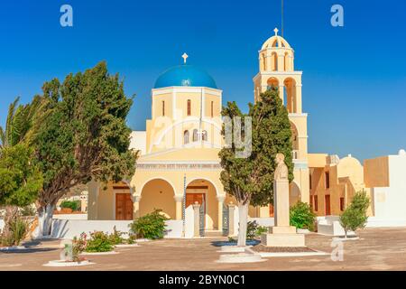 The Church of St. George (Ekklisia Agios Georgios) in Oia, Santorini, Greece is also known as Perivolas, a beautiful church in a lovely courtyard. Stock Photo