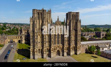 Wells, Somerset UK - June 2020: Aerial view of Wells Cathedral and the surrounding fields in Somerset. Stock Photo