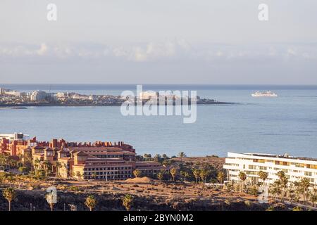 High viewpoint overlooking the coastline from La Caleta towards Playa de Las Americas Costa Adeje, Tenerife, Canary Islands, Spain Stock Photo