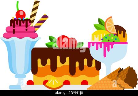 Ice cream in vases with fruit and topping. Cake with berries and chocolate icing flat isolated Stock Vector